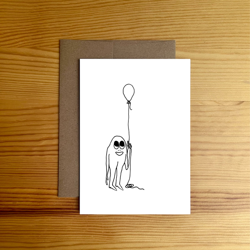 Kid holding balloon greeting card