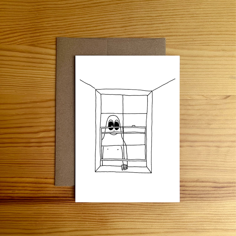 Person standing outside slightly open window greeting card