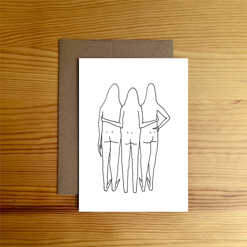 Three people looking into the distance and embracing greeting card